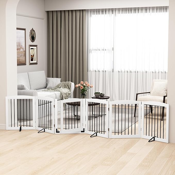 PUPETPO Freestanding Pet Gates with Walk Through Door, Dog Indoor Fence, Dog Gate for The House, Stairs, Extra Wide Pet Gate, Support Feet Included, 120 Inch Wide, 6 Panels 24" Tall, White & Black