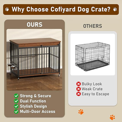 Cofiyard Dog Crate Furniture, 48’’ Wooden Dog Kennel Indoor with Sliding Front Door, Multi-Side Openings & Feeding Window Pet Cage House as TV Stand(Brown)