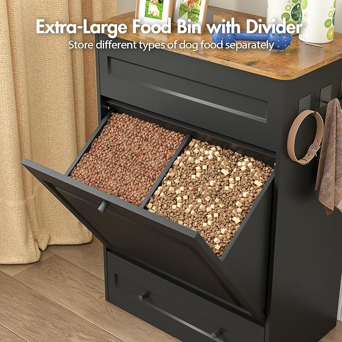 Elevated Dog Feeding Station with Storage Cabinet, 5.3" Pull-Out Hidden Bowls, Dog Food Organizer for Medium Large Dogs with Slow Feeder, Stainless Steel Bowls & Side Hooks (Black)