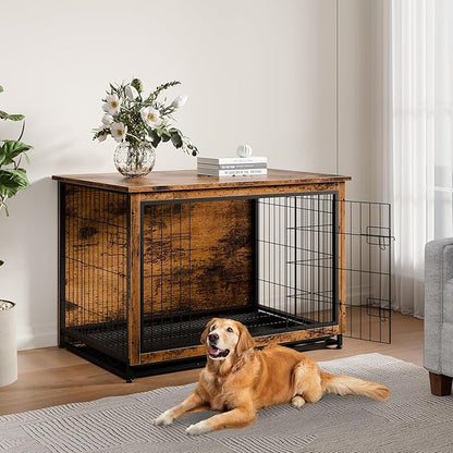 Vongrasig Dog Crate Furniture, Side End Table, Modern Wooden Kennel for Dogs Indoor, Heavy-Duty Dog Cage with Multi-Purpose Removable Tray, Double-Door Dog House, Rustic Brown