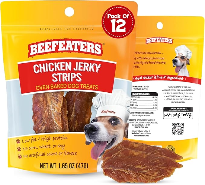 Beefeaters Chicken Jerky Strips for Dogs 1.65oz, Case of 12, 100% Real Chicken Breast, Oven-Baked, Grain-Free Dog Treats for Training & Rewards, High Protein, Low Fat, Resealable Bag, Allergy-Friendly