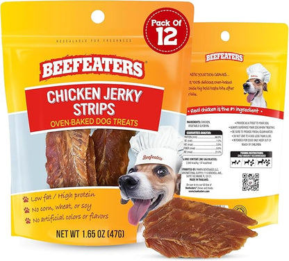 Beefeaters Chicken Jerky Strips for Dogs 1.65oz, Case of 12, 100% Real Chicken Breast, Oven-Baked, Grain-Free Dog Treats for Training & Rewards, High Protein, Low Fat, Resealable Bag, Allergy-Friendly
