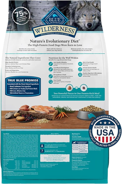 Blue Buffalo Wilderness Natural High-Protein Dry Food for Adult Dogs, with Wholesome Grains, Salmon, 28-lb Bag.