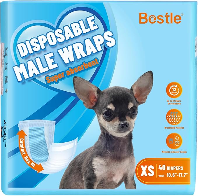 Bestle Male Dog Wrap, Disposable Dog Diapers, 40 Count, XS (Waist 10.6”-16.6”), Wetness Indicator, Ultra Protection, Leak Proof, Super Absorbent, Soft