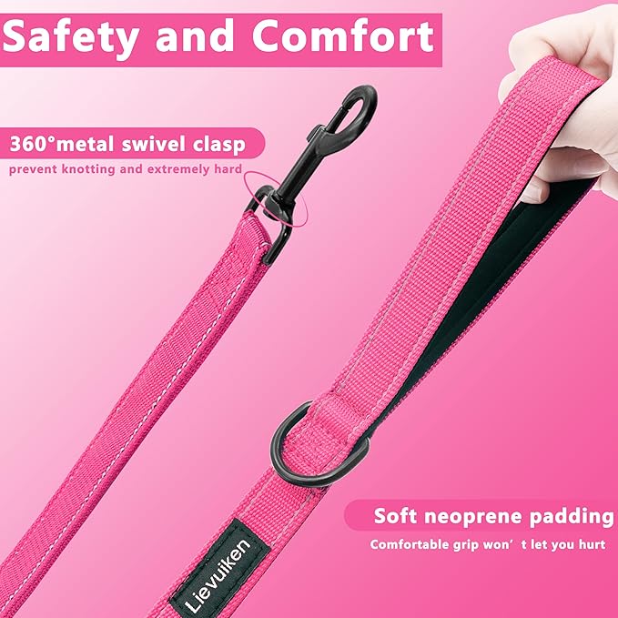 Dog Leash 4ft Long, Double Handle Dog Leash for Safety Control Training, Heavy Duty Dog Leads with Traffic Padded Handles, Reflective Leashes for Small Medium Large Dogs(4ft, Hotpink)