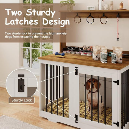 31'' Wooden Dog Crate Furniture with Storage Shelf & 4 Hooks - Heavy Duty Dog Kennel for Small/Medium Dogs, Indoor Pet Cabinet, Side Table, White