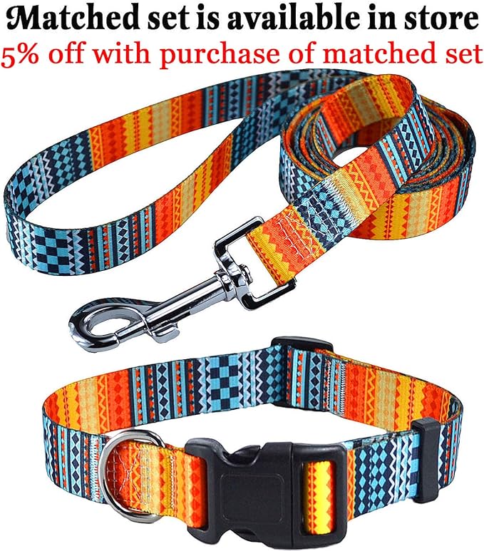 Mihqy Dog Collar with Bohemia Floral Tribal Geometric Patterns - Soft Ethnic Style Collar Adjustable for Small Medium Large Dogs(Bohemian Orange,S)