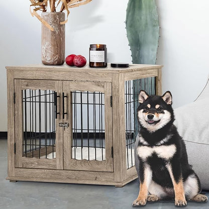 Upolana Dog Crate Furniture, 32 inch Medium Dog Crates with Bed Mat, Wooden Dog Kennel Furniture, End Side Table Dog Cage with 3 Doors, Greige