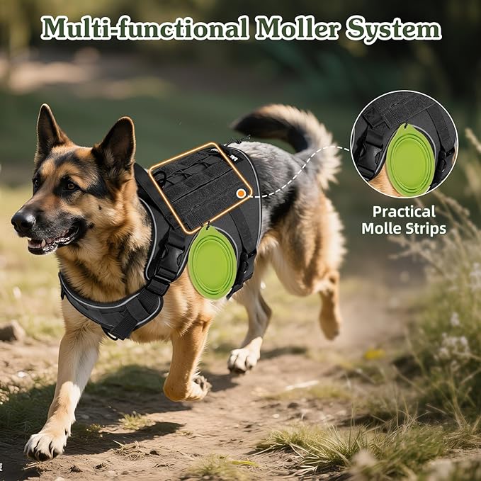 VavoPaw Heavy Duty Tactical Dog Harness for Large Dogs, No Pull Adjustable Pet Harness Reflective Service Training Easy Control Pet Vest Military K9 Working Dog Harnesses, Black, XL