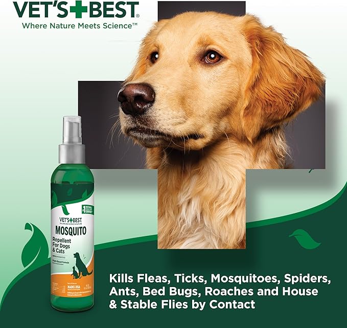 Vet's Best Natural Mosquito Repellent Spray for Dogs and Cats – Plant-Based Protection with Certified Essential Oils – DEET-Free Outdoor Pest Repellent for Pets – Natural and Safe – 8 oz Bottle
