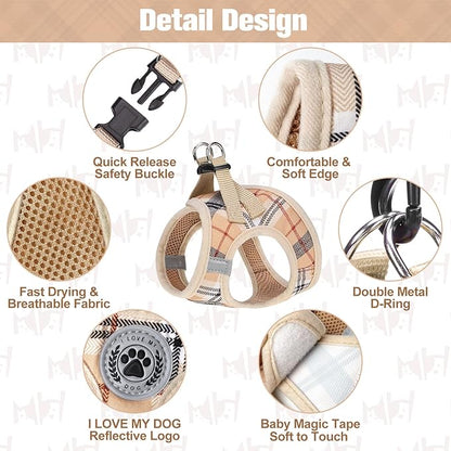 BEAUTYZOO Small Dog Harness and Leash Set,Step in No Choke No Pull Soft Mesh Dog Harnesses Reflective for Extra-Small Medium Puppy Dogs and Cats, Plaid Dog Vest Harness for XS S Pets, Beige XS