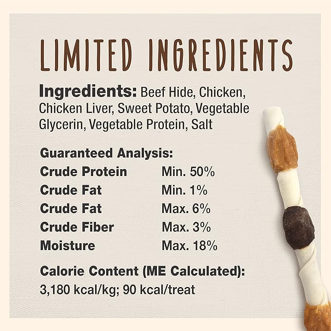 Cadet Gourmet Shish Kabob Dog Chews for Large Dogs, Rawhide Treats with Chicken and Sweet Potato, Healthy & Natural Beef Hide, 10-Inch Sticks, 8 Count