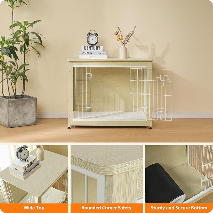 DWANTON Dog Crate Furniture with Cushion, Wooden Kennel Table with Double Doors, Indoor Dog House, Medium Size, 32.5" L, White Oak