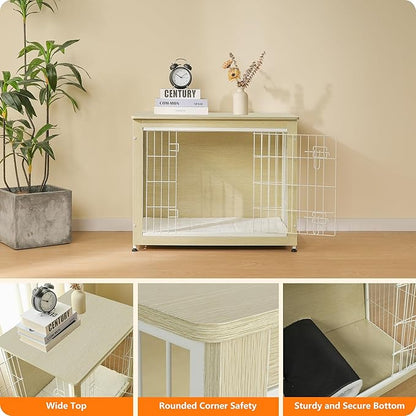 DWANTON Dog Crate Furniture with Cushion, Wooden Kennel Table with Double Doors, Indoor Dog House, Medium Size, 32.5" L, White Oak