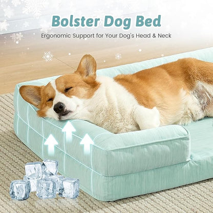 Cooling Dog Bed for Large Medium Size Dogs, Q-Max >0.4 Summer Cool Orthopedic Foam Pet Sofa Bed with Sides, Bolster Anti-Slip Couch with Washable Removable Cover, L 36x27x6.5 inch, Green