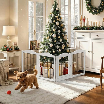 Bonnlo Freestanding Dog Gate, 24" H Pet Gate with 4 Panel Walk Through Door, Foldable Dog Safety Fence for Stairs Doorways Fireplace Up to 146'' Wide (White, 24" H-4 Panels with Door)