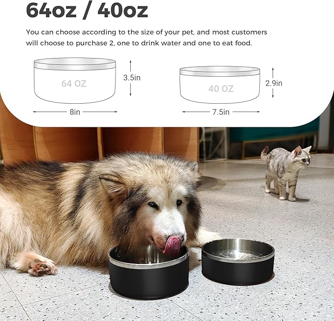 WENBOKMIN Dog Bowl, Stainless Steel Dog Food and Water Bowl with Non Slip Quiet Bottom, Easy to Clean, Dishwasher Safe, 64oz, Black