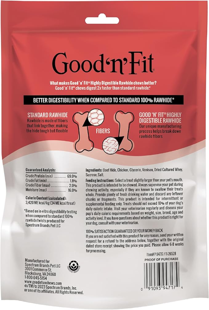 Good ‘n’ Fit Twist Sticks Made with Real Venison, 15 Count, Treat Your Dog to Long-Lasting and Highly Digestible Rawhide Chews
