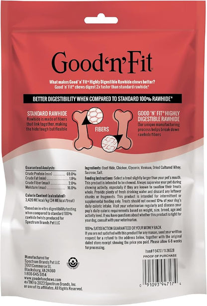 Good ‘n’ Fit Twist Sticks Made with Real Venison, 15 Count, Treat Your Dog to Long-Lasting and Highly Digestible Rawhide Chews