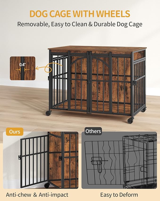 Hzuaneri 37.4" Dog Crate Furniture with Wheels, Wooden Pet Cage Indoor with Barn Door, L Dog Kennel Heavy Duty, Decorative Pet Crate for Small/Medium Dogs, End Table TV Stand, Rustic Brown DFC86201B