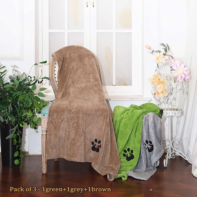 Dogvingpk Extra Large Dog Towel - Pack of 3 - Super Absorbent Soft Microfiber Pet Bath Grooming Towels for Drying Dogs and Other Pets (XL-55" * 36", Green and Brown and Gray)