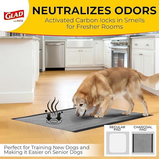 Glad for Pets Extra Large Charcoal Dog Training Pads, Absorbent Leak Proof Pee Pads for Dogs and Puppies, Odor Control Potty Pads with Activated Carbon, 28 x 30 Inches, 30 Count - 6 Pack