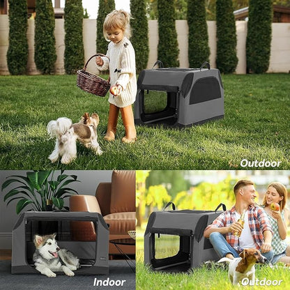 PETSFIT Collapsible Dog Crate, Portable Dog Crate - 24 Inch Sturdy Adjustable Structure, Easy to Set Up, Portable Dog Crate for Car, Light Tough with 3 Mesh Doors Grey