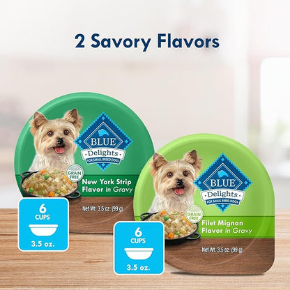 Blue Buffalo Delights Natural Adult Small Breed Wet Dog Food, Variety Pack, Made with Natural Ingredients, Filet Mignon & New York Strip Recipe in Hearty Gravy, 3.5-oz. Cups (12 Count, 6 of Each)