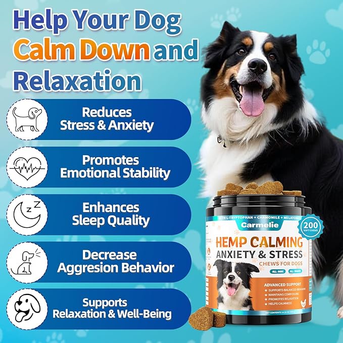 Carmelie Hemp Calming Chew for Dog - 200 Chews Dog Calming Treats -Dogs Anxiety & Stress Relief Valerian Root Chamomile Melatonin for Separation, Barking, Stress & Slee- Chicken Flavor