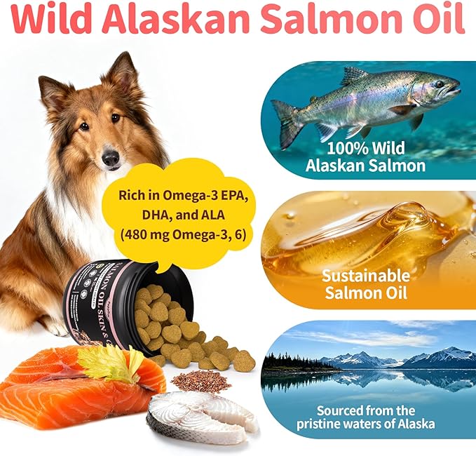 Salmon Oil for Dogs Skin & Coat, 13 in 1 Wild Alaskan Fish Oil for Dogs - Omega 3 EPA & DHA & ALA Fatty Acids, Dog Allergy Relief Chews, Joint & Immune Support, 90 Count, Salmon Flavor, Soft Chews