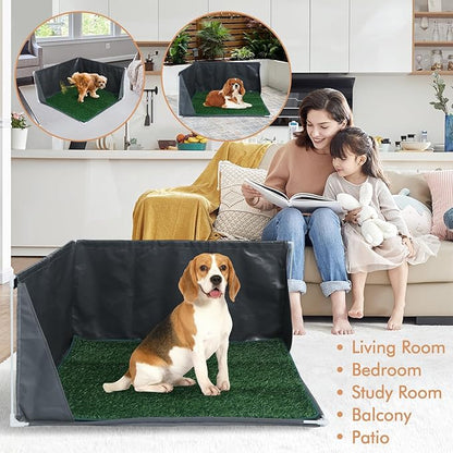 Dog Pee Pad Holder with High Walls, Portable Dog Litter Box for Inside Potty, Splash-Proof No Spill Pee Shield Pad Holder Tray for Puppies Small and Medium Dogs (Grey, Pee Pad Holder w/Grass Turf)