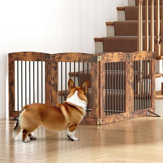 HOOBRO Indoor Dog Gate with Support Feet, 24 Inch 4 Panels, Freestanding Pet Gate for Doorway, Stairs, Folding Dog Fence, 360° Hinge for Easy Access, Sturdy Iron Pipe, Rustic Brown BF54PP03