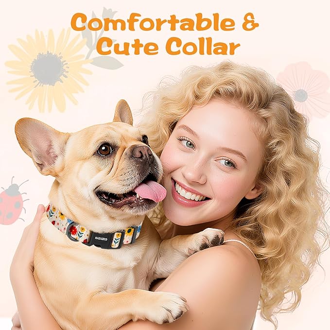 Kazazoo Dog Collar Cute and Soft Nylon Puppy Collar for Boy and Girl, Adjustable Dog Collars for Small Medium Dogs, Ladybugs and Flowers-M