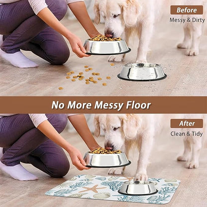 Starfish Dog Food Mat for Floors,Coral Shell Ocean Absorbent Quick-Dry Pet Feeding Mat, Cat Dog Bowl Mats for Food and Water,Non-Slip Pet Accessories Supplies 16"x24"