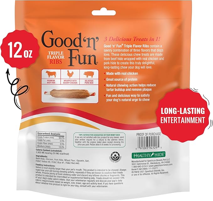 Good ‘n’ Fun Triple Flavor Ribs Chews for All Dogs, Treat Your Dog to Long-Lasting Chews Made with Beef Hide, Chicken and Pork Hide, 12 Ounces