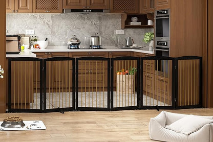 PUPETPO Freestanding Pet Gate for Dogs, Indoor Wooden Dog Gate for House, Extra Wide Foldable Dog Gate for Stair, Doorway, Hall, Support Feet Included, 120 Inch Wide, 6 Panels 32",Black&Gold