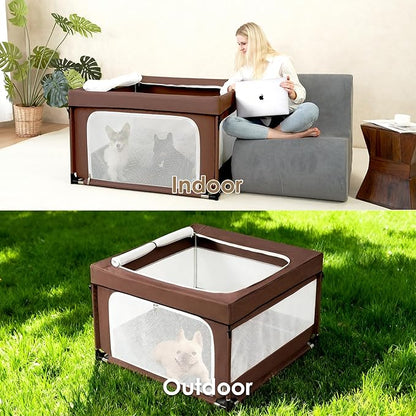 EHEYCIGA 42x42x26 Inches Puppy Playpen with Top Cover for Dogs & Cats Indoor or Outdoor - Dog Playpen with Door, Dog Fence for Small Animal with Heavy-Duty Oxford & Steel Frame, Brown