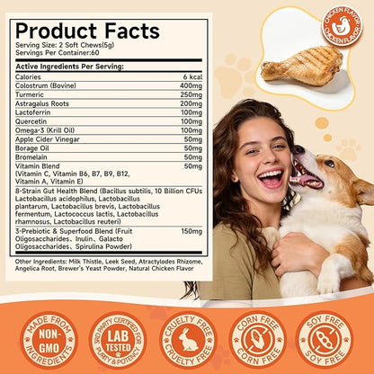 Dog Allergy Chews with Feeding Tweezers, Dog Probiotics for Itchy Skin and Ears, Bovine Colostrum, Lactoferrin and Multivitamins to Ssupport Immune Health for All Ages/Breeds, Chicken, 120 ct/300g