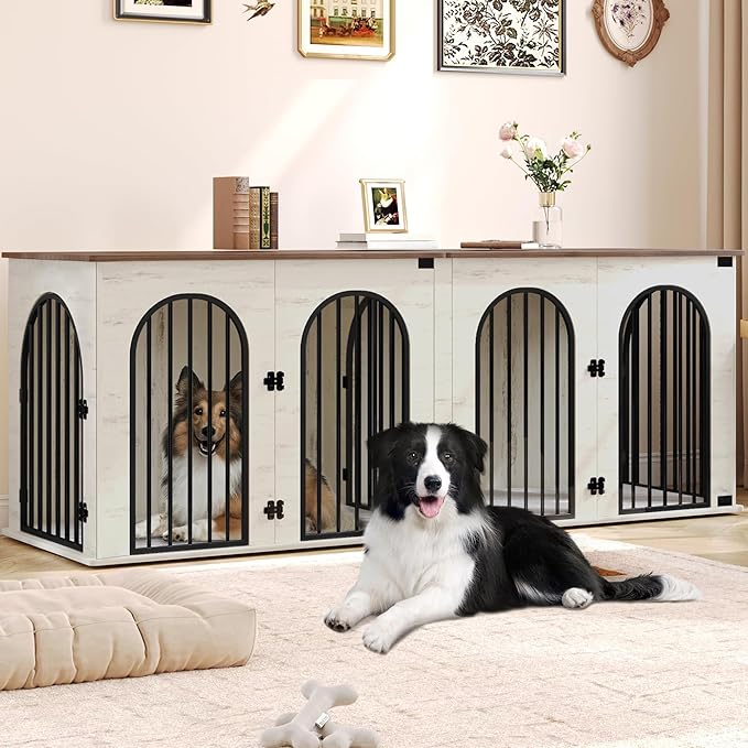 Hzuaneri 88.4" Dog Crate Furniture for 2 Dogs, Heavy Duty Indoor Dog Kennel TV Stand, XXL Wooden Dog Cage with Divider for Medium Large Dogs, End Table Dog Crate with Cushion, White Brown DFC84014BV1