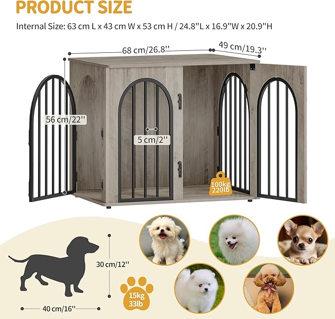 Hzuaneri 26.8'' Wooden Dog Crate Furniture, Indoor Dog Kennel Dogs Cage for Small Dogs, Heavy Duty Dog Crates Decorative Pet House End Side Table TV Stand, Greige DFC85505B