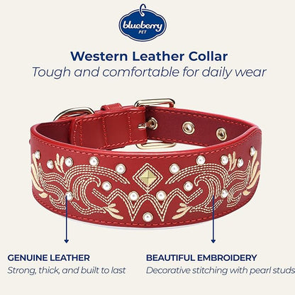 Blueberry Pet Western Leather Dog Collar - Genuine Leather with Floral Embroidery & Pearl Studs, Adjustable 18-22 Inch Neck for Large Dogs, Comfortable and Stylish Pet Collar