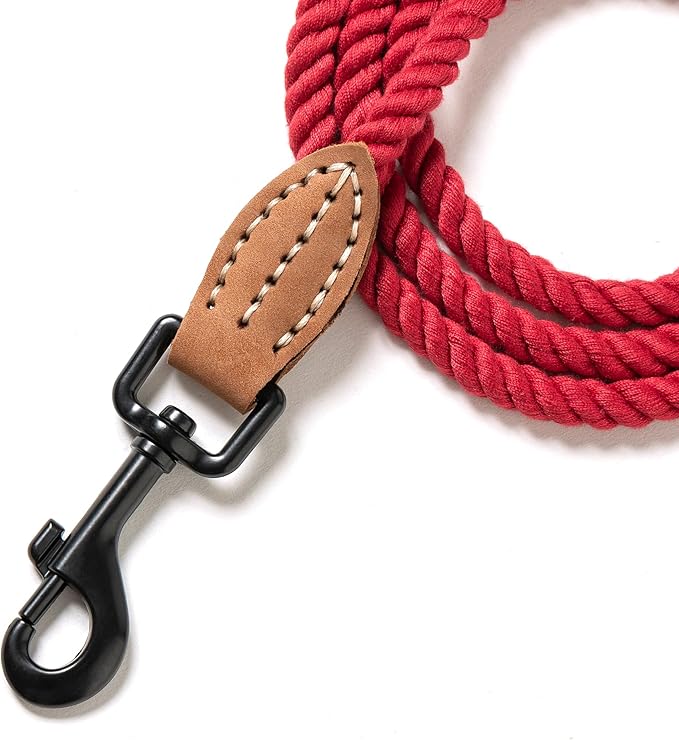 Mile High Life Dog Leash, Braided Cotton Rope Leashes with Leather Tip - Heavy Duty Metal Clasp, 5FT, 1/3" Thick - Wedding, Walking Leash for Small Medium Puppy(Red)