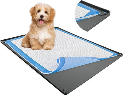 TidyFriend Dog Pee Pad Holder Tray Fits for 30” x 36” Pee Pads with Corner Lock Holes, Raised Edges, Non-Spill, Easy to Clean Silicone Dog Potty Tray Holder, for Indoor Floor Protection (Grey)