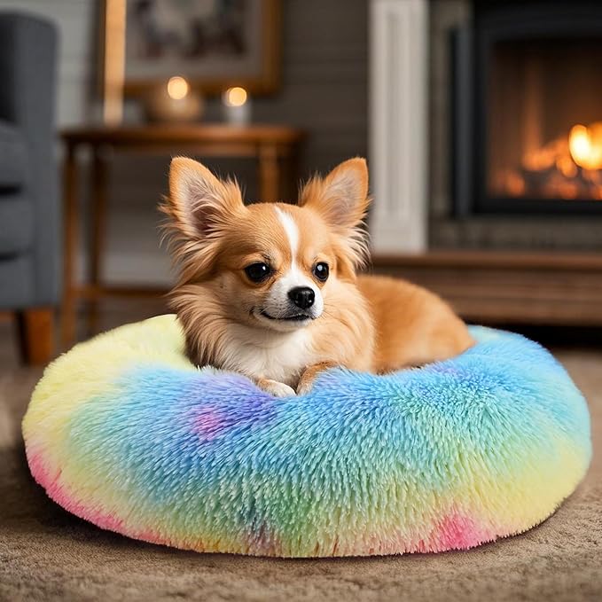 Dogs Bed for Small Dogs, Anti-Anxiety Washable Round Bed (Rainbow, 24.0" L x 24.0" W x 8.0" Th)