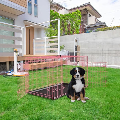 PayLessHere Large Dog Crate Kennel for Medium Large Dogs 30 inches Metal Dog Cage Double-Door Folding Travel Indoor Outdoor Puppy Playpen with Divider and Handle Plastic Tray,Pink