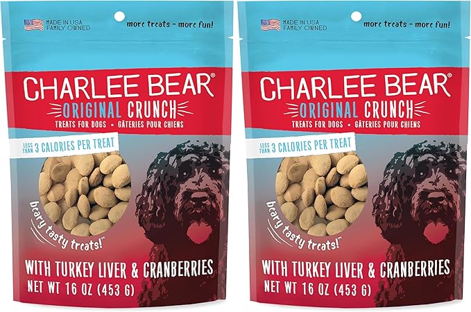 Charlee Bear Original Crunch Dog Treats,Turkey Liver and Cranberries Resealable Bag,Low Calorie Training Treats for Dogs,Limited Ingredient,Healthy,Crunchy Dog Snacks,Made in USA,16 Ounce (Pack of 2)