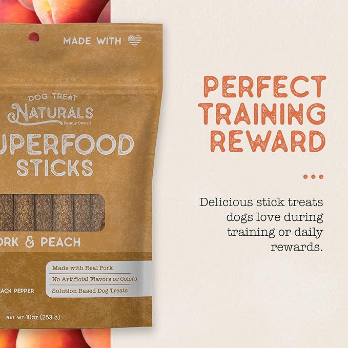 Dog Treat Naturals Superfood Sticks, Pork & Peach, 10oz Bag | Dog Chew Sticks | All-Natural, Pet Training Treats | Joint-Skin-Coat Health | USA Made