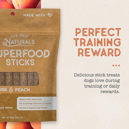 Dog Treat Naturals Superfood Sticks, Pork & Peach, 10oz Bag | Dog Chew Sticks | All-Natural, Pet Training Treats | Joint-Skin-Coat Health | USA Made