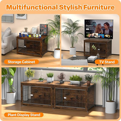 Dog Crate Furniture, Wooden Dog Crate 37in, Decorative Cage with End Table for Dog Indoor Kennel, High Anxiety Dog, Escape-Proof Locks for All Breeds