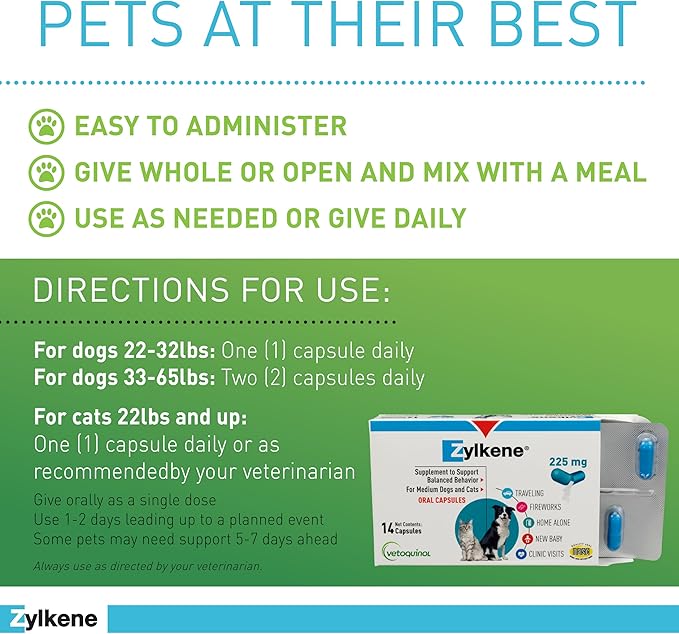 Vetoquinol Zylkene - Calming Oral Support for Medium Dogs & Large Cats - Supports Behavior & Occasional Anxiety - for Boarding, Vet Visits & Celebrations - Non-Drowsy & Lactose-Free - 14 Capsules